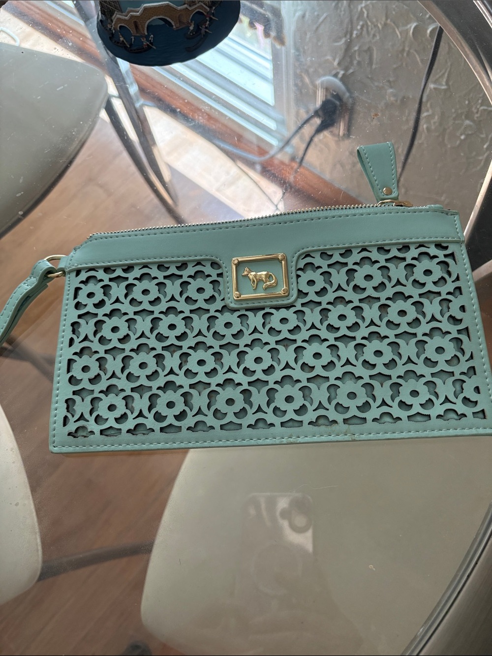 Mint Floral Cutout Wristlet with Gold Logo Accent